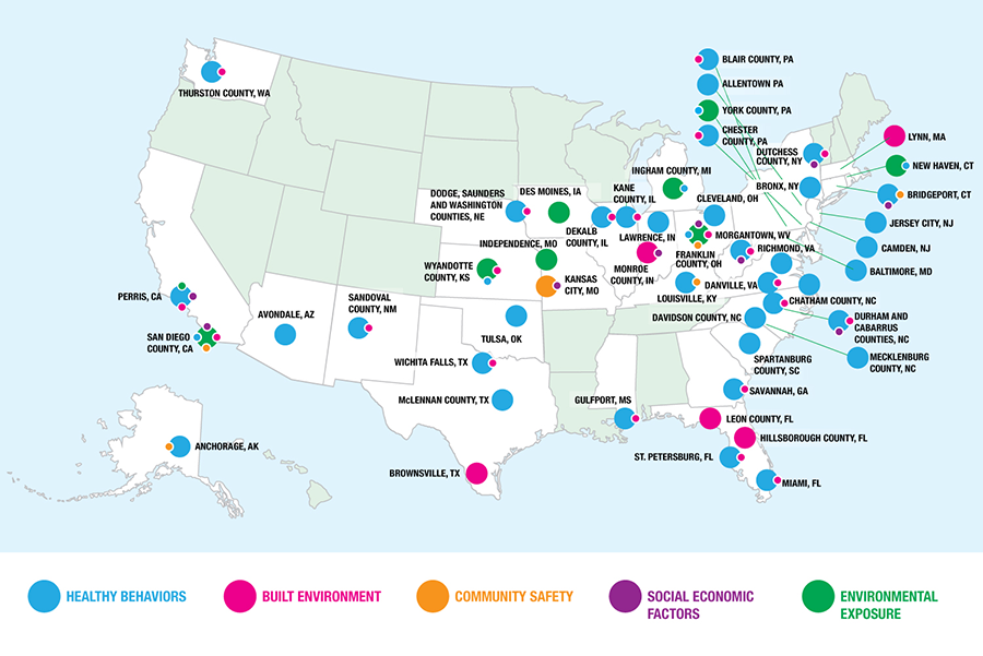 Map of U.S. showing Healthiest Cities Challenge participants