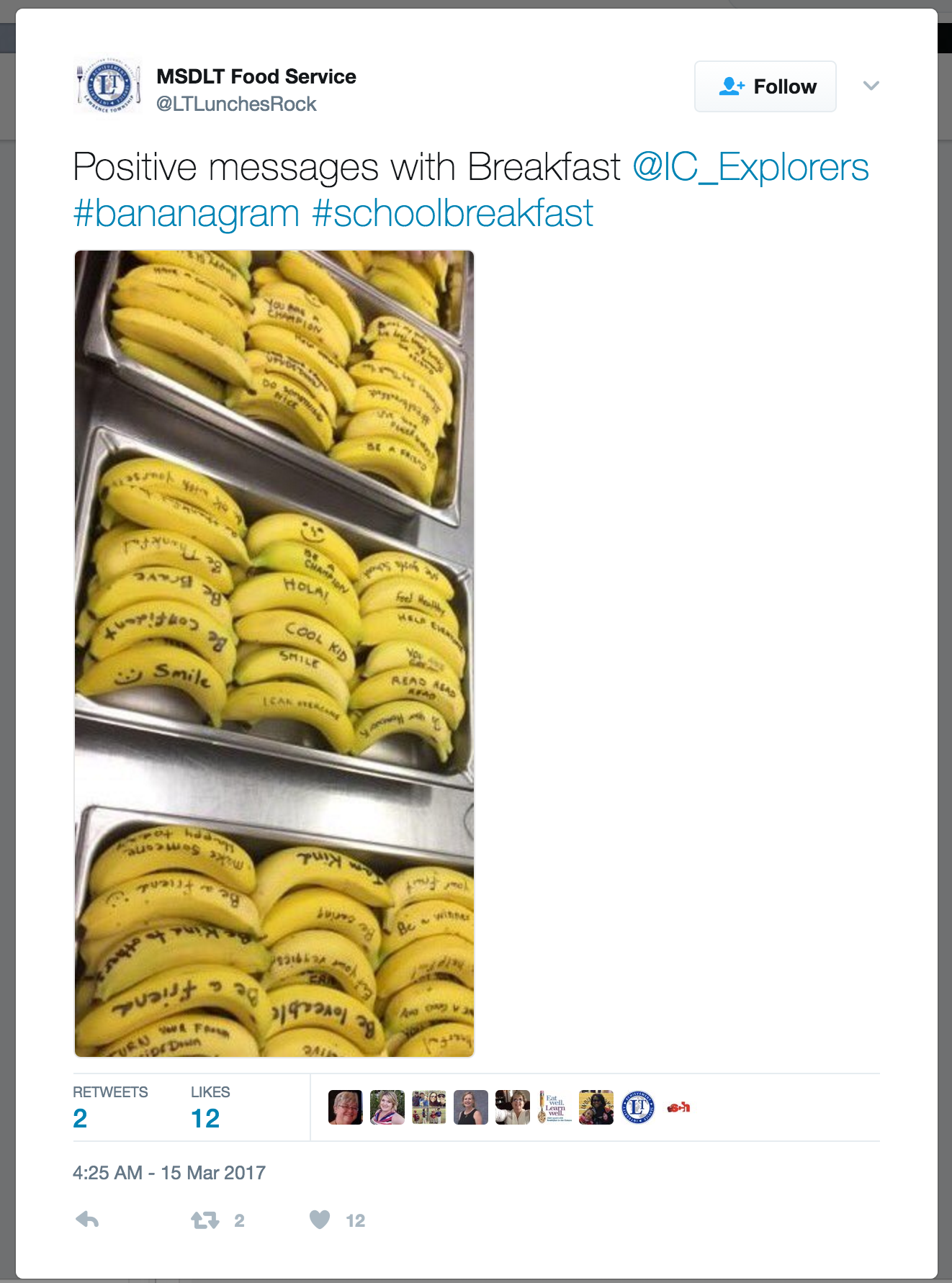 Tweet showcasing trays of bananas with inspirational messages written on peels